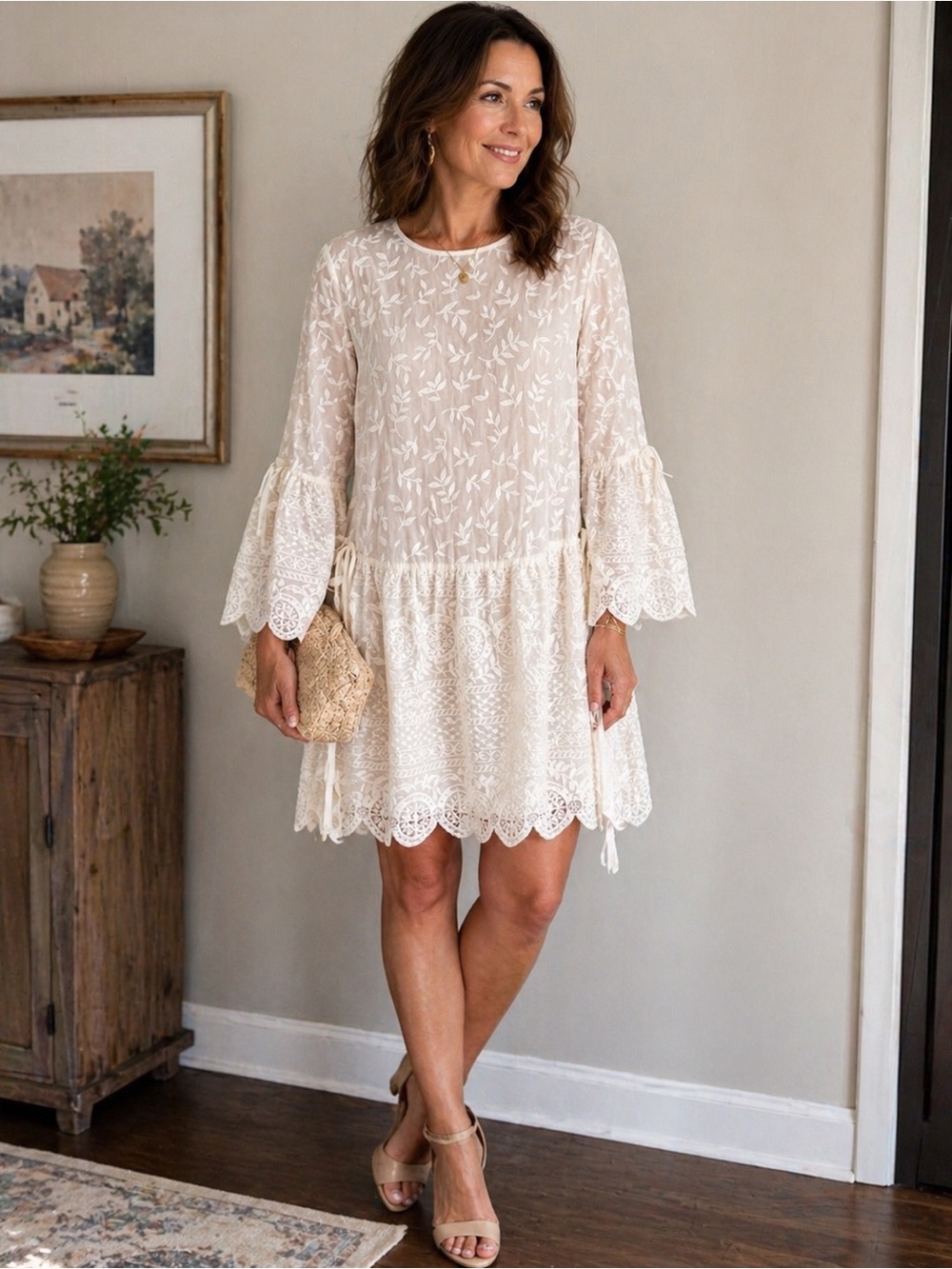 Lace Tiered Mini Dress in Cream - Women's Boho Shift
